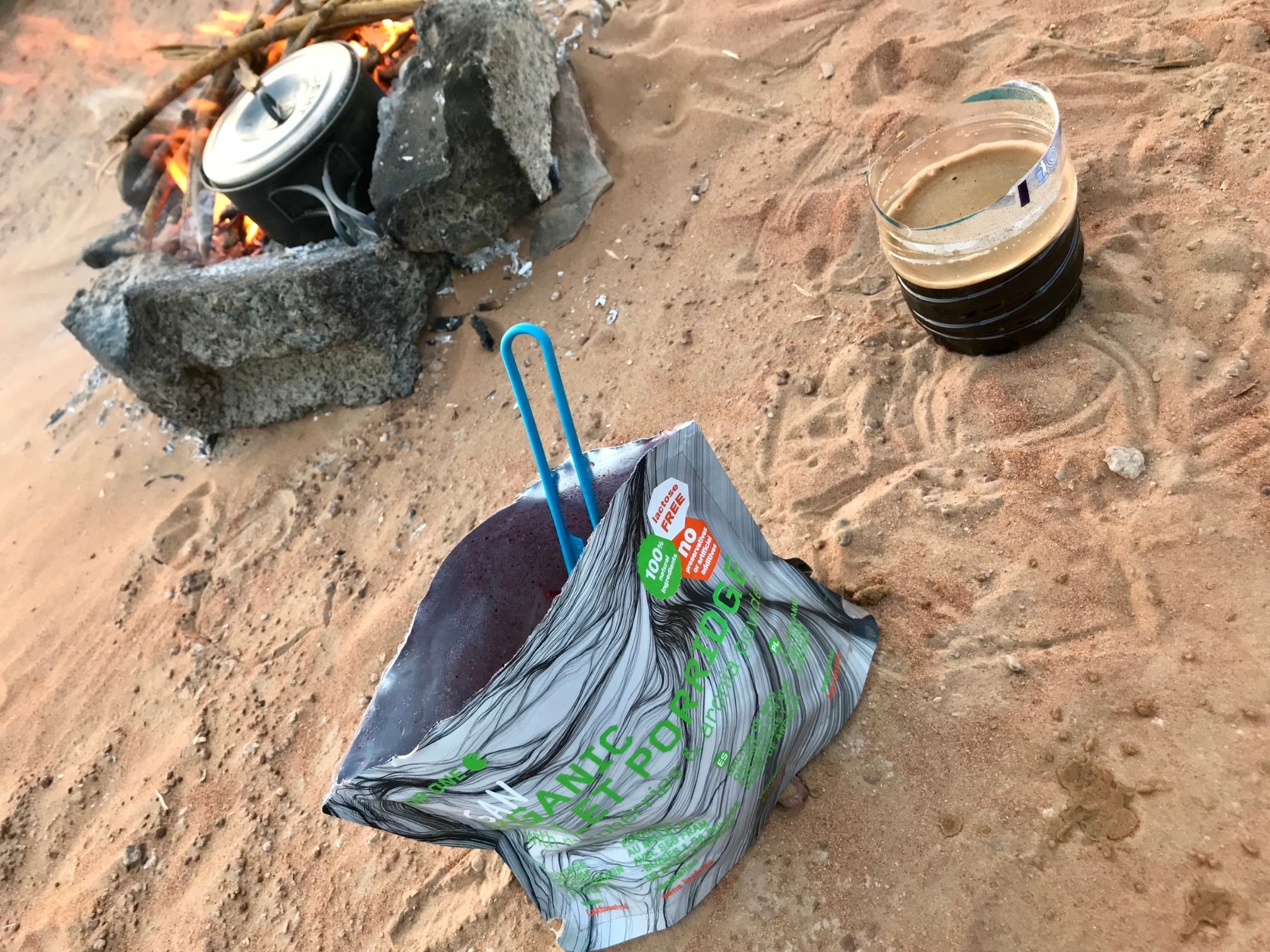 Freeze dried breakfast and coffee in the desert
